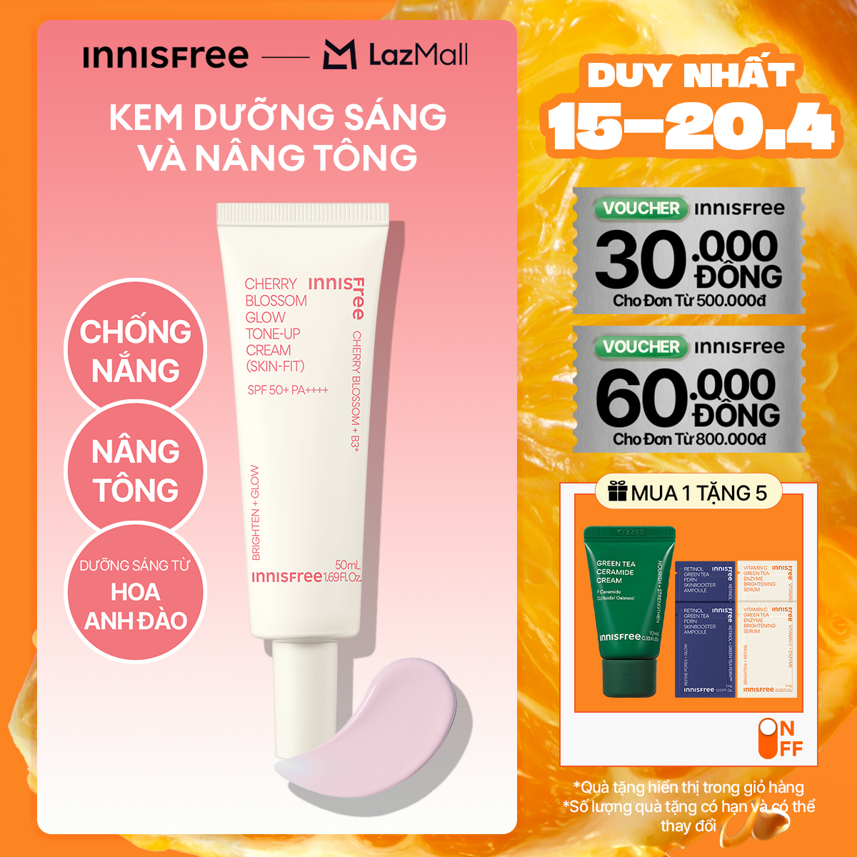 Kem dưỡng ẩm làm sáng chống nắng cho da INNISFREE Jeju Cherry Blossom Skin-Fit Tone-Up Cream SPF 50+PA++++ 50ml