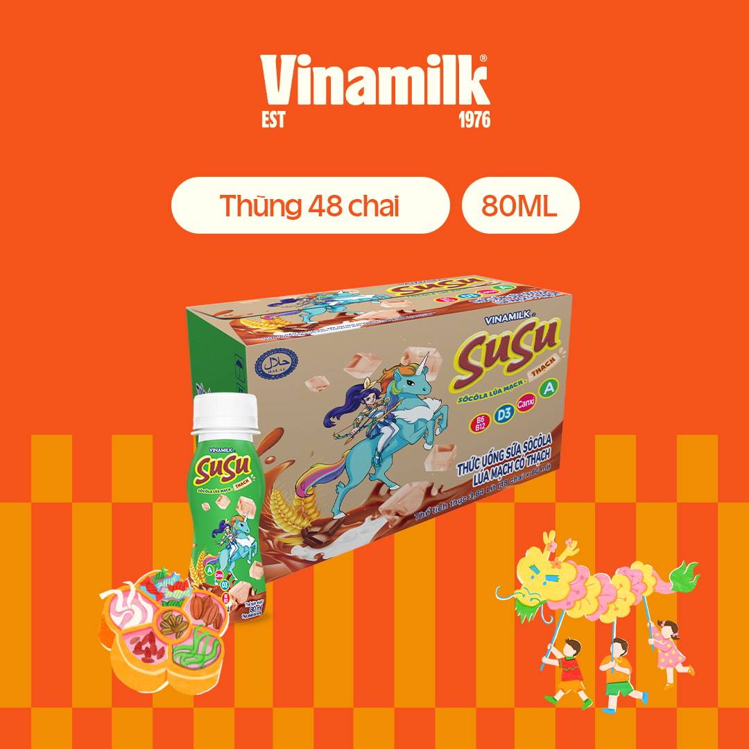 Thức Uống Sữa Socola Lúa Mạch có thạch SuSu - Thùng 48 chai 80ml