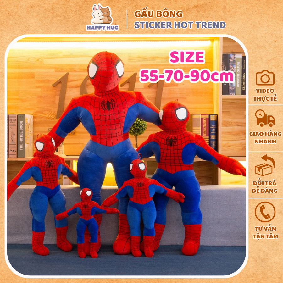 Thú bông siêu anh hùng người nhện Spider Man size 40/55/70/90 cm loại vải dù có khung form cứng cáp - Gấu Bông Happy Hug
