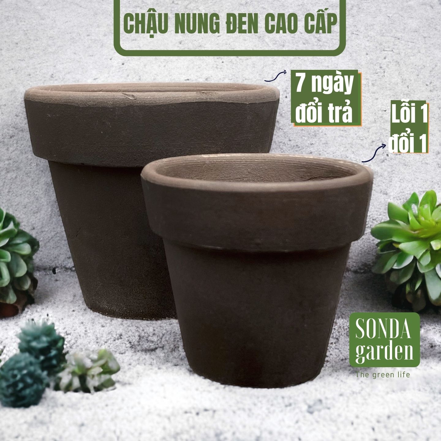 Chậu đất nung đen trồng sen đá, xương rồng lỗi 1 đổi 1