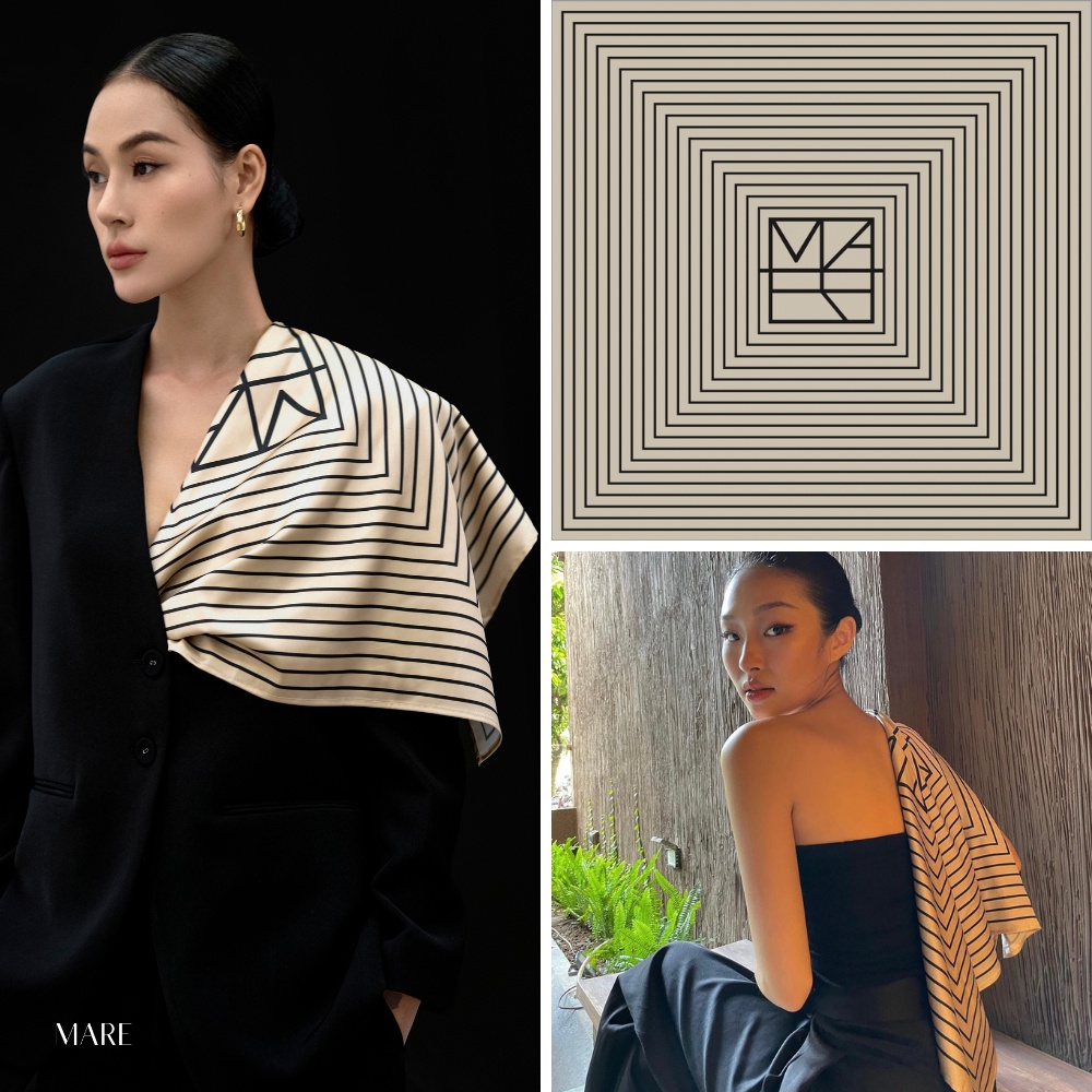 Mare - khăn lụa hoạ tiết đặc trưng kẻ đen nền be 70x70cm - maretype scarf