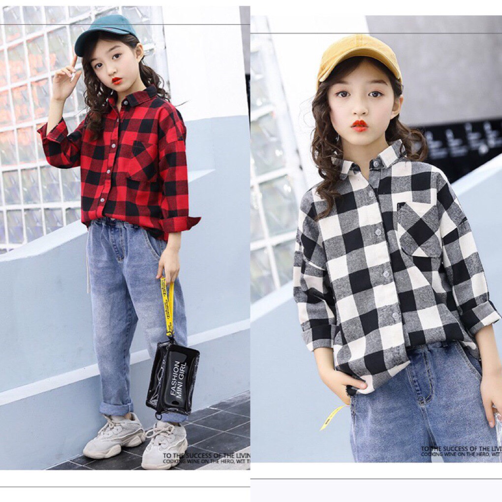 Áo sơ mi dài tay kẻ sọc caro cho bé trai và bé gái