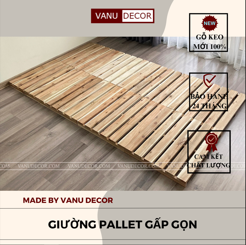 Giường pallet gỗ VANU DECOR dòng tiêu chuẩn tự lắp ghép, tháo rời dễ dàng màu mộc tự nhiên kích thước tùy chọn