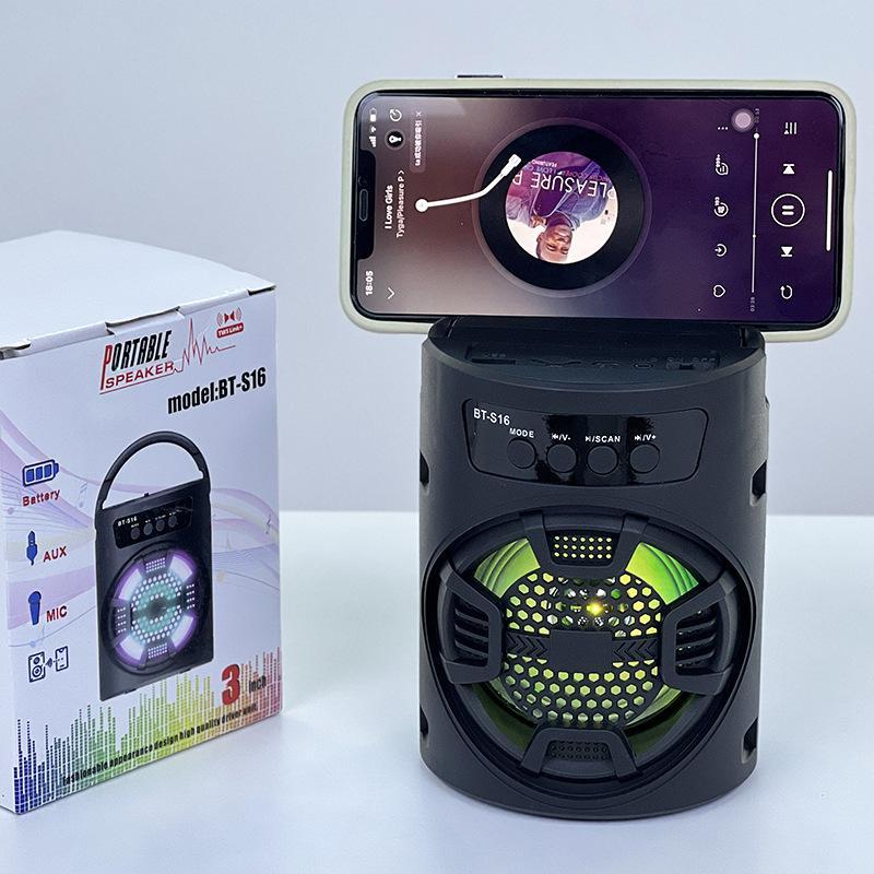 Loa Bluetooth Thiết kế nhỏ gọn có tay cầm Âm thanh cực chất lượng,  có quay xách, có giá đỡ điện thoại, có cổng aux kết nối tivi, máy tính BT-S16-BLACK