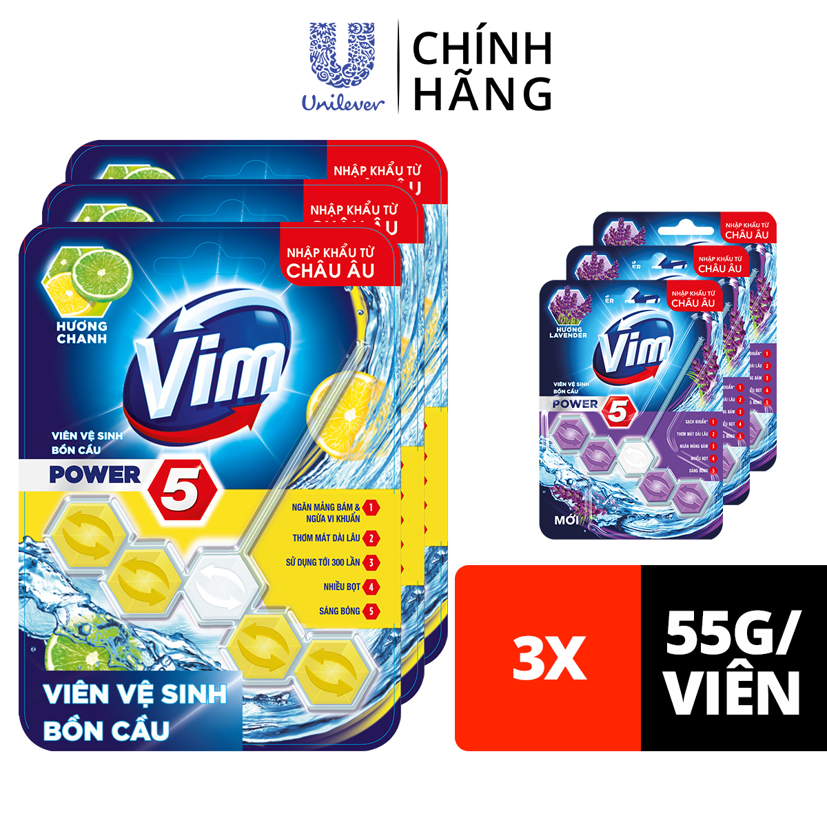 Combo 3 Viên treo bồn cầu VIM Power 5 Hương Chanh 55G x 3