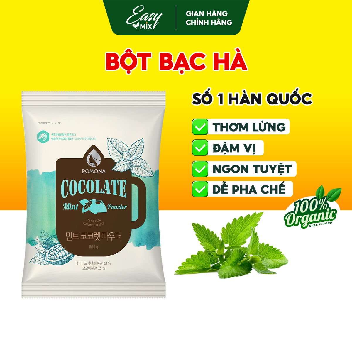 Bột Socola Bạc Hà POMONA Mint Chocolate Powder Nguyên Liệu Pha Chế Cà Phê, Latte, Mocha, Đá Xay, Sữa Lắc Hàn Quốc 800g