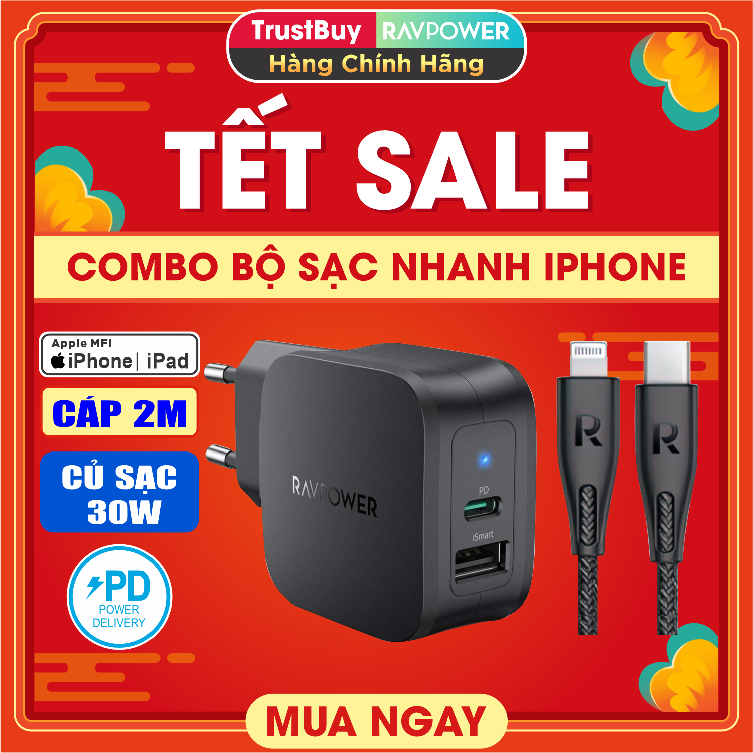 Combo củ sạc nhanh pd 3.0 30w qc 3.0 18w rp-pc132 & cáp usb type c to lightning mfi c94 20w 2m ravpower rp-cb01005-b - hàng chính hãng