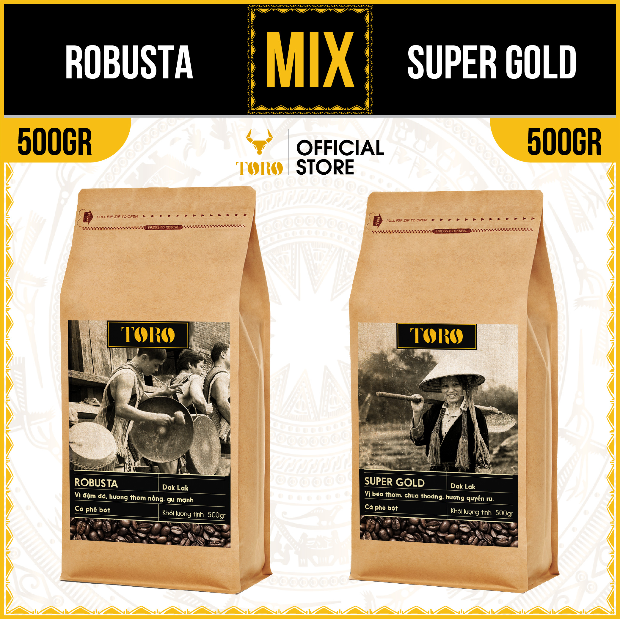 [1KG] Bộ Mix Cà Phê Bột Toro Robusta  & Toro Suoer Gold Nguyên Chất 100% | 500GR/Gói | TORO FARM