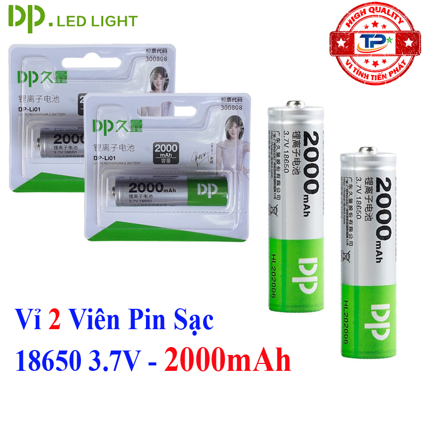 Vỉ 2 viên pin sạc 18650 3.7v 2000mah thương hiệu dp dp-li01 hàng chuẩn cao cấp