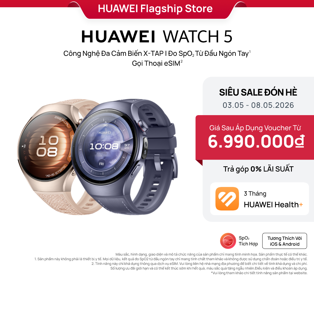 Đồng Hồ Thông Minh | HUAWEI WATCH 5 | Công Nghệ Đa Cảm Biến X-TAP | Đo  SpO2 Từ Đầu Ngón Tay | Gọi Thoại eSIM