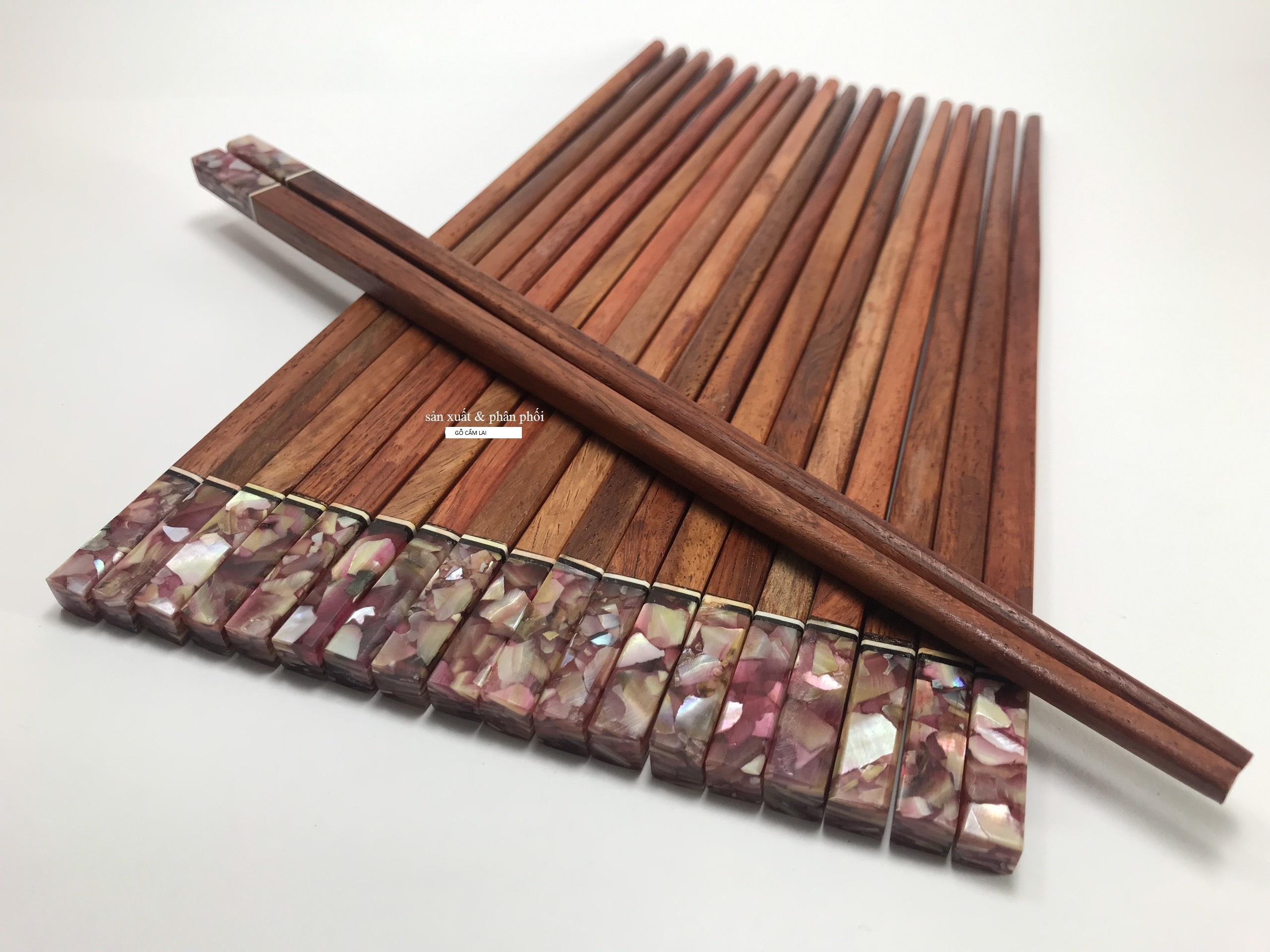 Bộ 10 đôi đũa ăn gỗ CẨM LAI tự nhiên đầu vuông khảm trai cao cấp