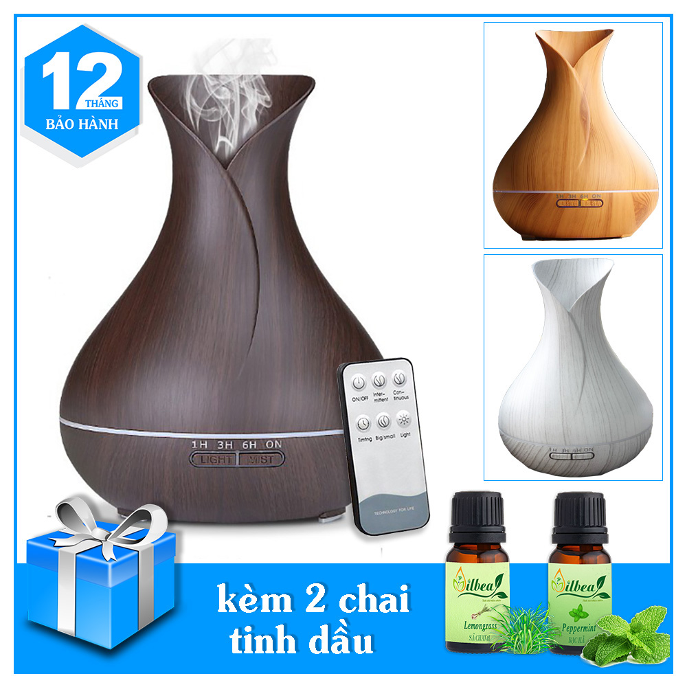 Máy xông tinh dầu Tulip lớn 550ml tích hợp remote kèm 2 chai tinh dầu nguyên chất 10ml