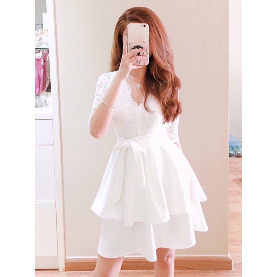 [HCM]Đầm xoè dự tiệc ren trắng cổ tim nhiều tầng kèm ảnh thật