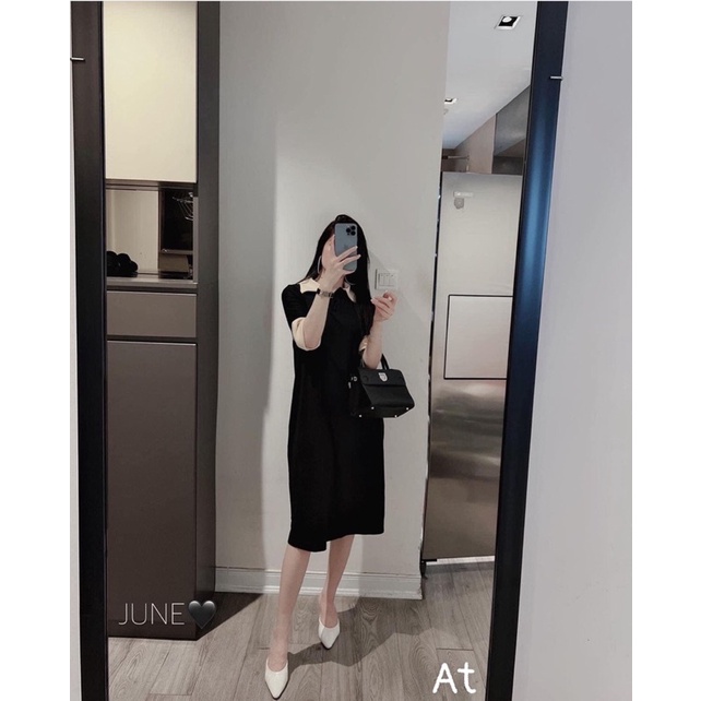 Váy đầm đen suông phối cổ be chất zip co giãn V121