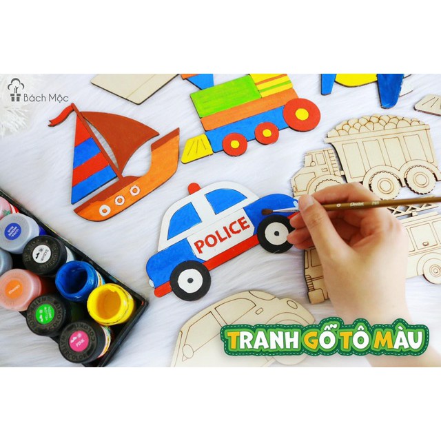 Decor home Tranh gỗ tô màu 4 chủ đề 36 tranh, tặng kèm màu tô và bút lông hàng Việt Nam tăng trí tuệ cho bé