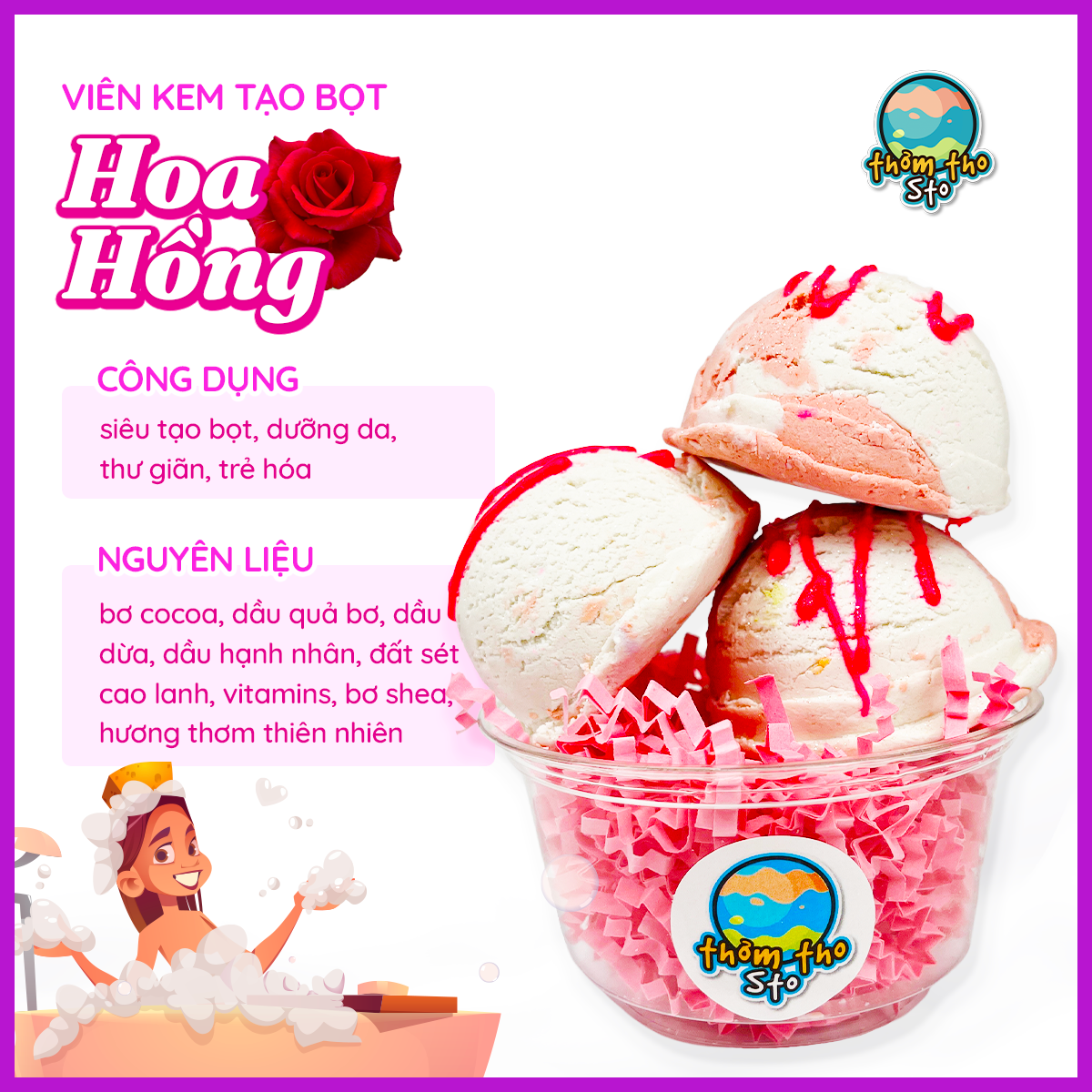 Viên kem tạo bọt bồn tắm bồng bềnh, Thơm Tho Sto, hương HOA HỒNG nhiều bọt mềm da, bubble scoop, 80, 160, 240 gram