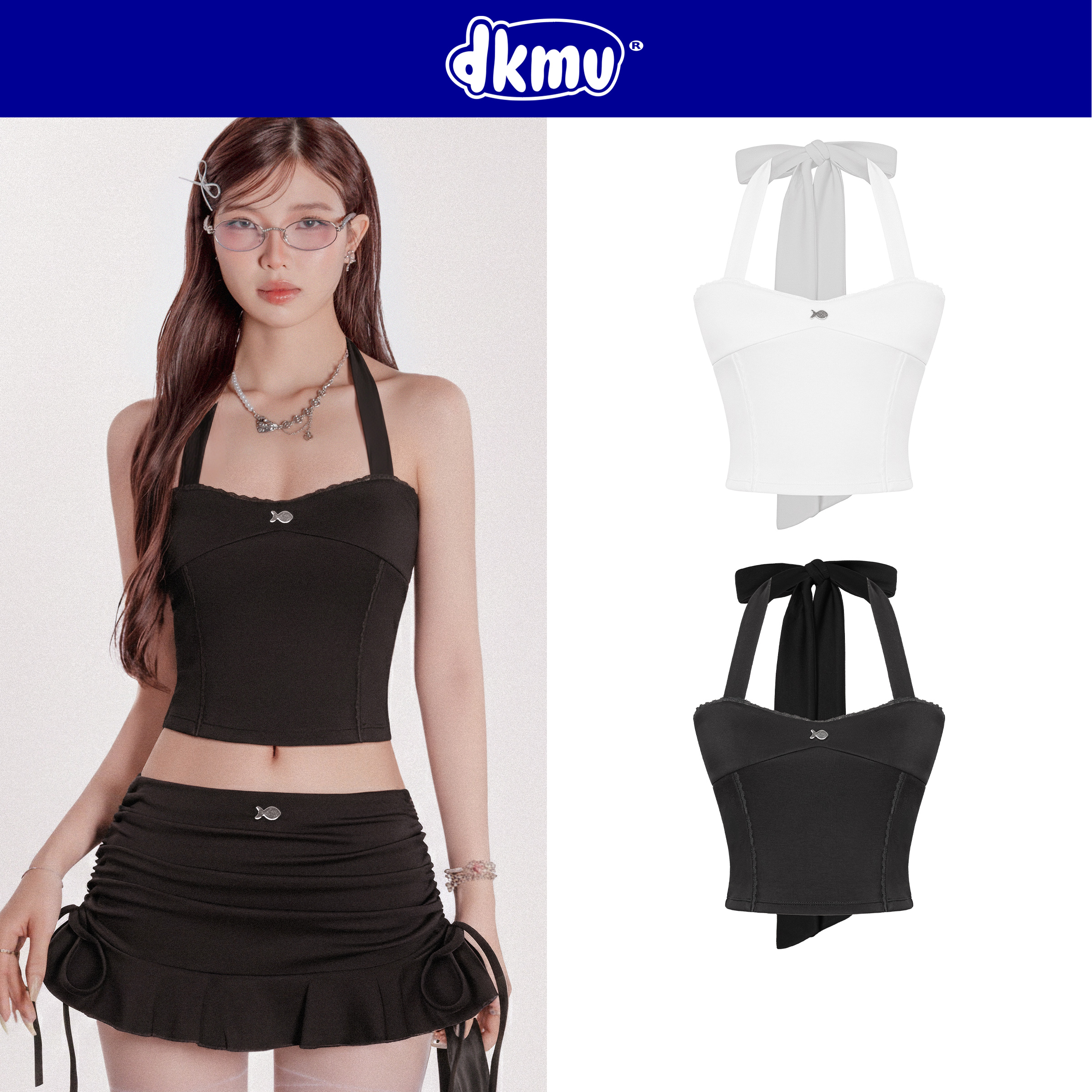 Áo croptop nữ cổ yếm dáng cúp ngực DKMV thiết kế viền phối ren điệu đà dây cột nơ đính logo cá inox Alice Top | K-T51