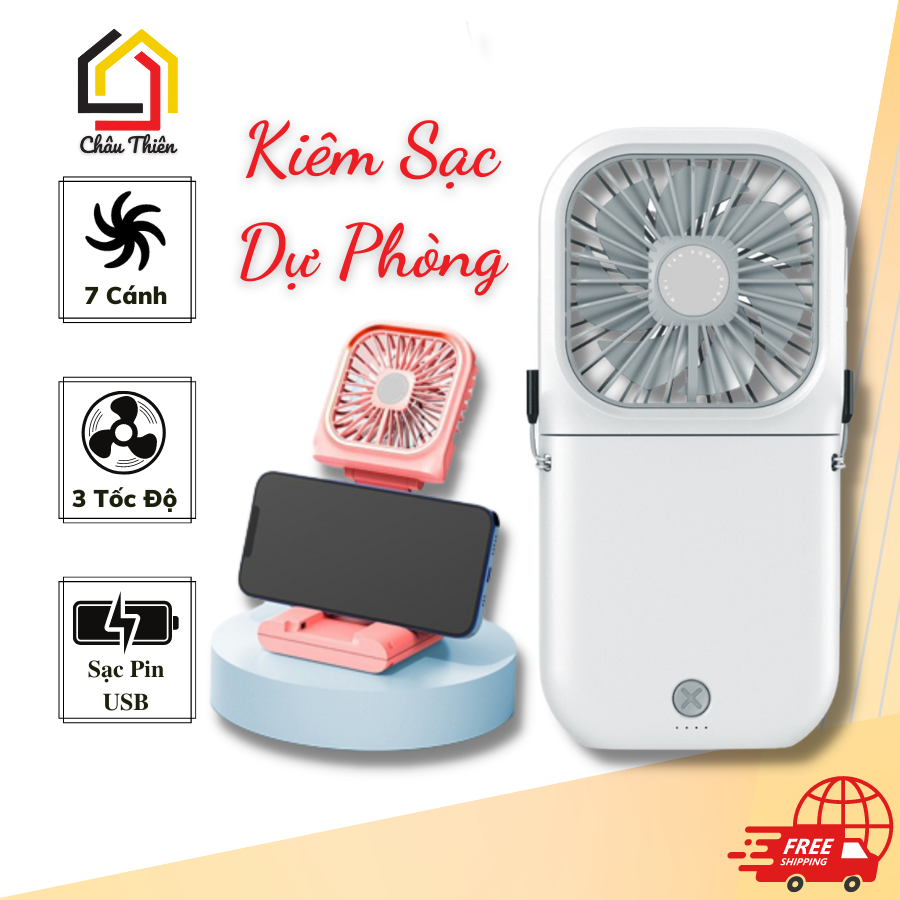 Quạt mini gấp gọn, quạt đeo cổ cầm tay, sạc dự phòng 3000mAh, quạt cầm tay quạt để bàn máy tính để bàn sạc USB kiêm sạc dự phòng