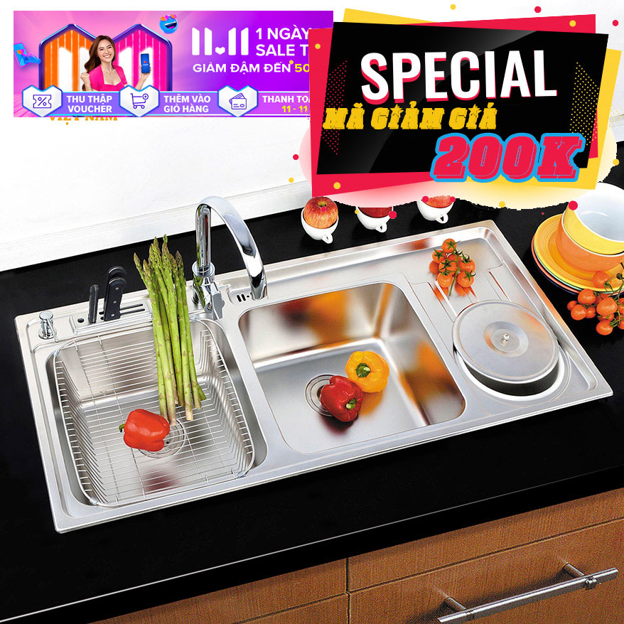 [Trả góp 0%] Chậu rửa chén Inox 2 hộc một hố rác Eurolife EL-C3 (Trắng bạc)