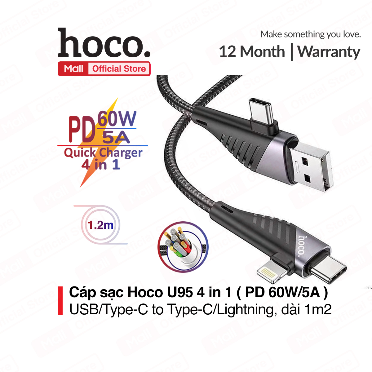 Cáp sạc Hoco U95 4 in 1 ( USB/Type-C to Type-C/Lightning ) PD 60W ( Type-C ) và PD 20W (Lightning ) hỗ trợ sạc nhanh 5A/2.4A, dây bọc dù, dài 1.2m