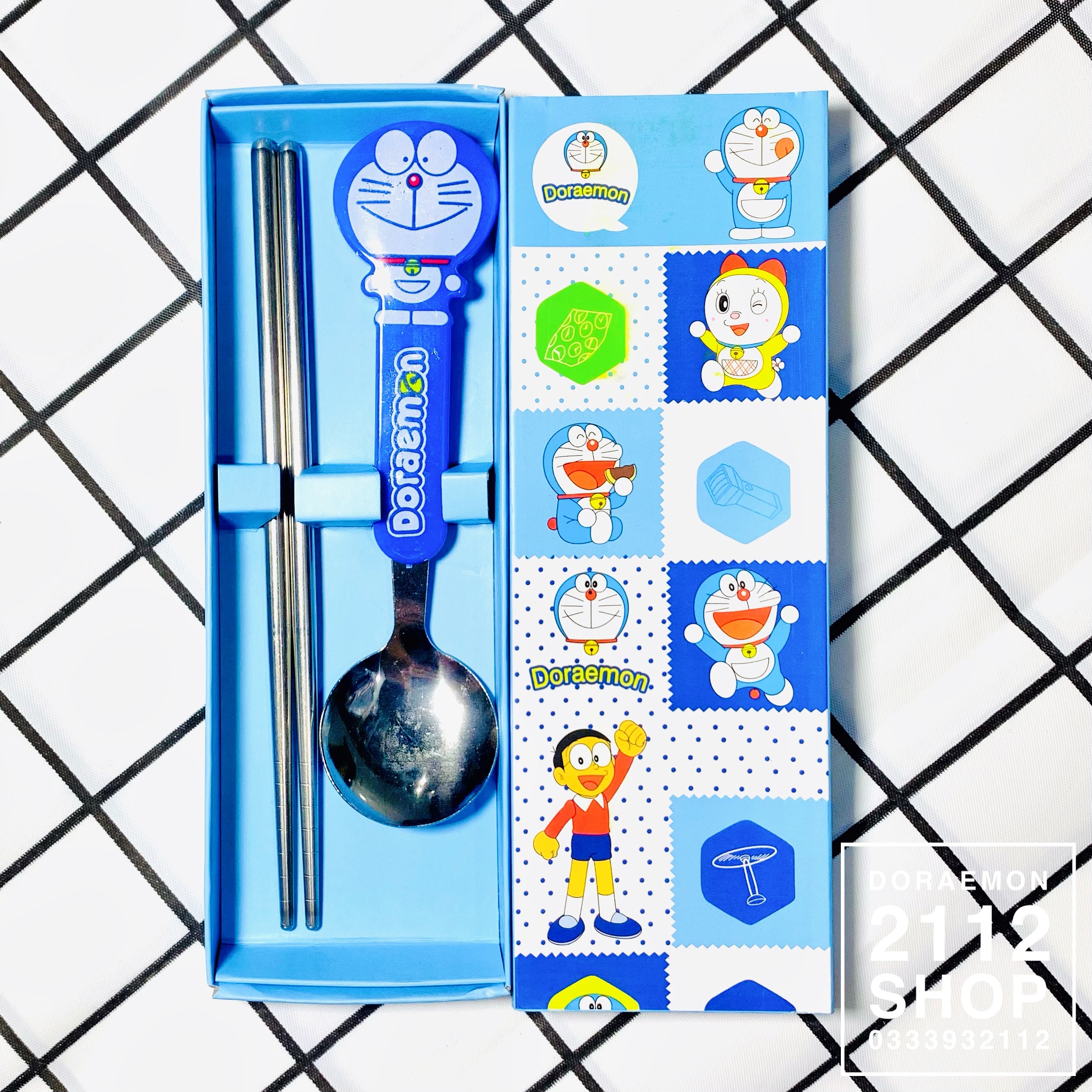 Bộ muỗng đũa doraemon inox kèm hộp đựng bằng giấy