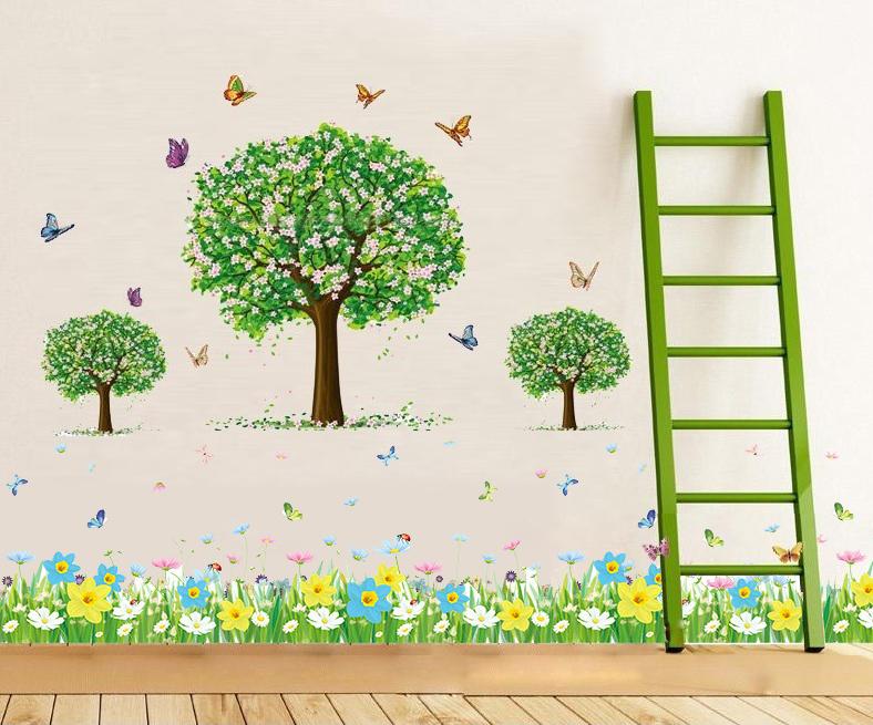 Decal dán tường Cây xanh và chân tường hoa sao- C7A46-flowerdecal-Scenedecal