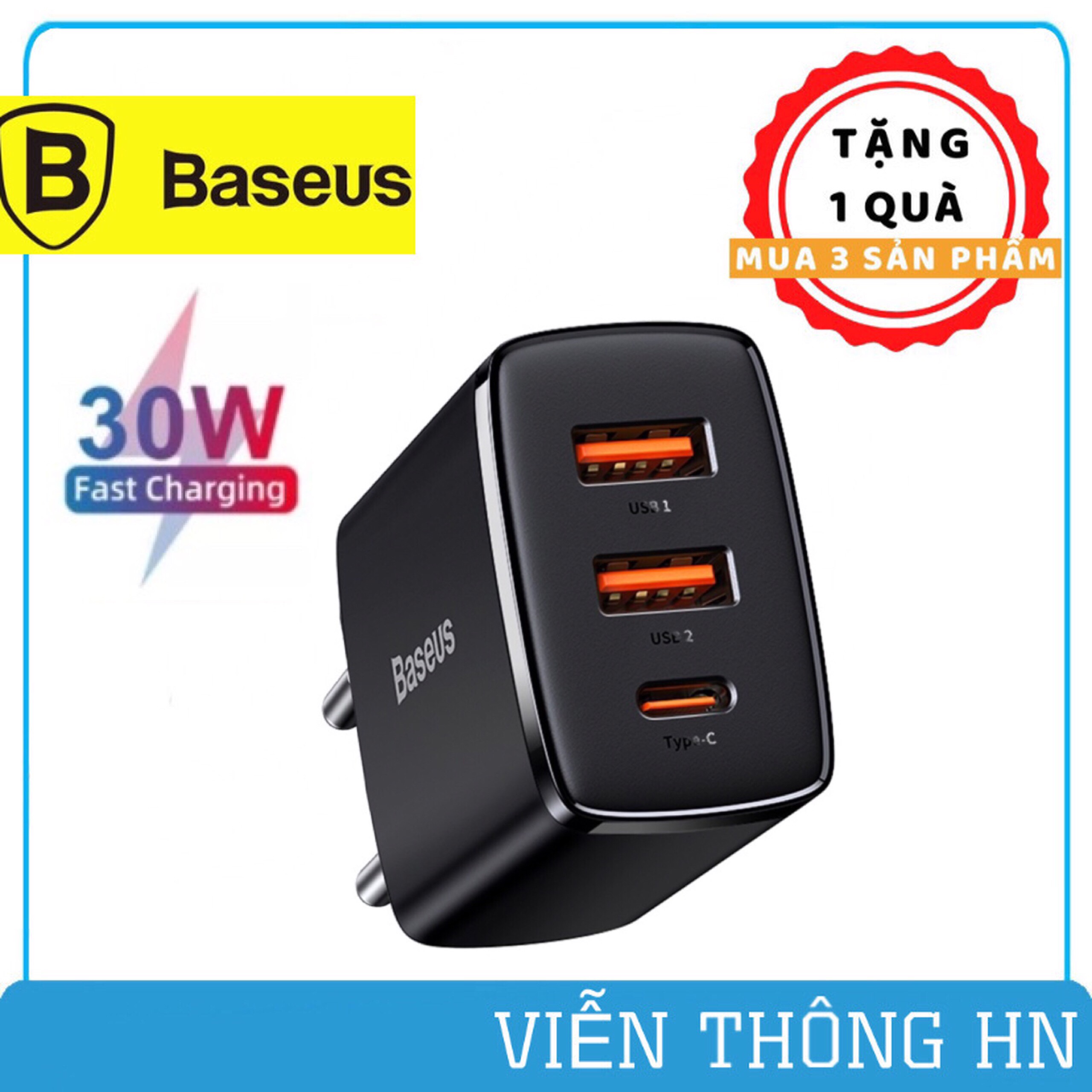 Cốc sạc nhanh pd 30w 3 cổng sạc usb type c Baseus củ cao cấp chống cháy nổ cho iphone samsung,....vv