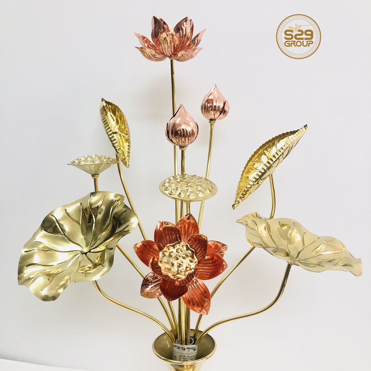 Compo lọ hoa sen thờ cúng bằng đồng vàng pha đỏ 10 cành,phụ kiện thờ cúng gia tiên,thờ tổ,đình chùa