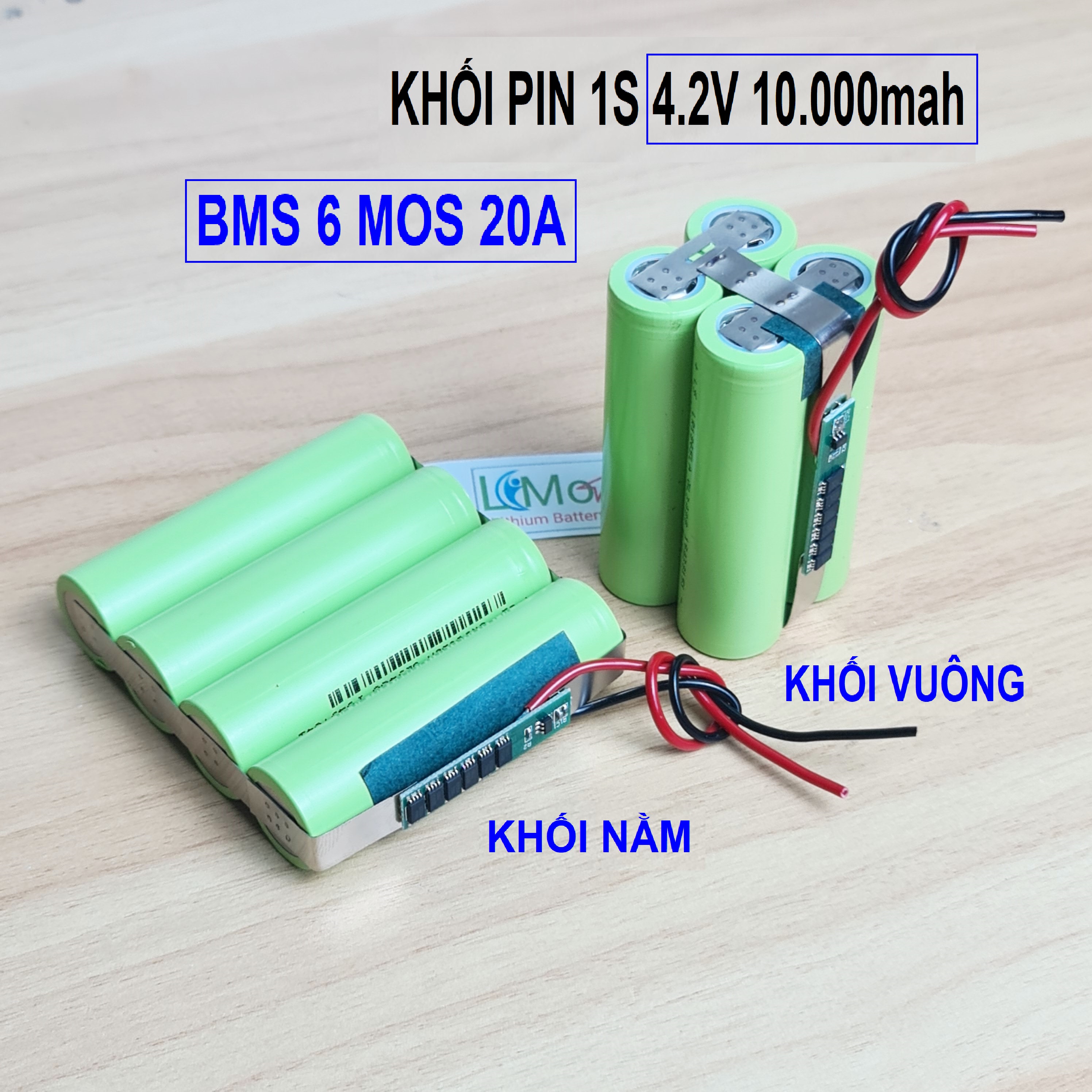 Khối pin 1S 3.7v - 4.2v 10.000mah (10AH) - 20A. Dung lượng cao được đóng khối từ 4 cell pin lithium lion 18650 + mạch 1s 3.7v 20a - LIMO