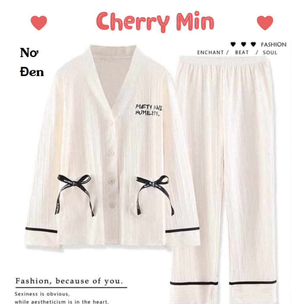 Bộ đồ ngủ cotton nữ dài tay cardigan phong cách Hàn Quốc, bộ đồ thu đông mặc ở nhà CHERRY MIN