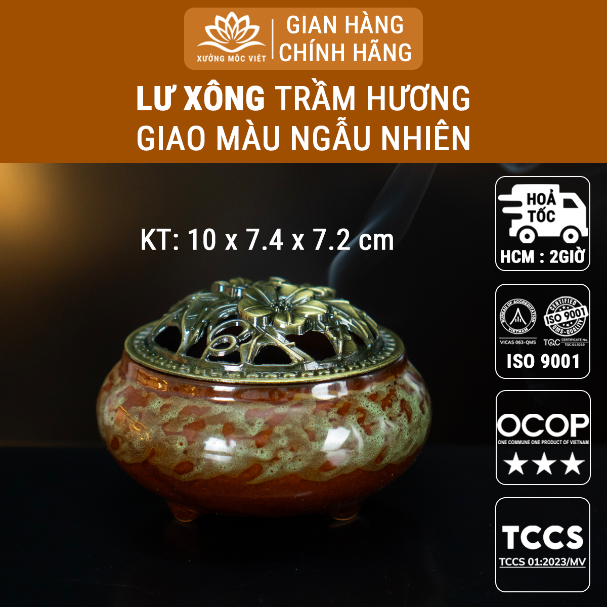 Lư xông trầm hương Xưởng Mộc Việt (giao màu ngẫu nhiên) chất liệu gốm sứ cao cấp dùng đốt nụ trầm, nhang khoanh, bột trầm xông nhà thơm phòng xua tà tẩy uế, thanh lọc không khí