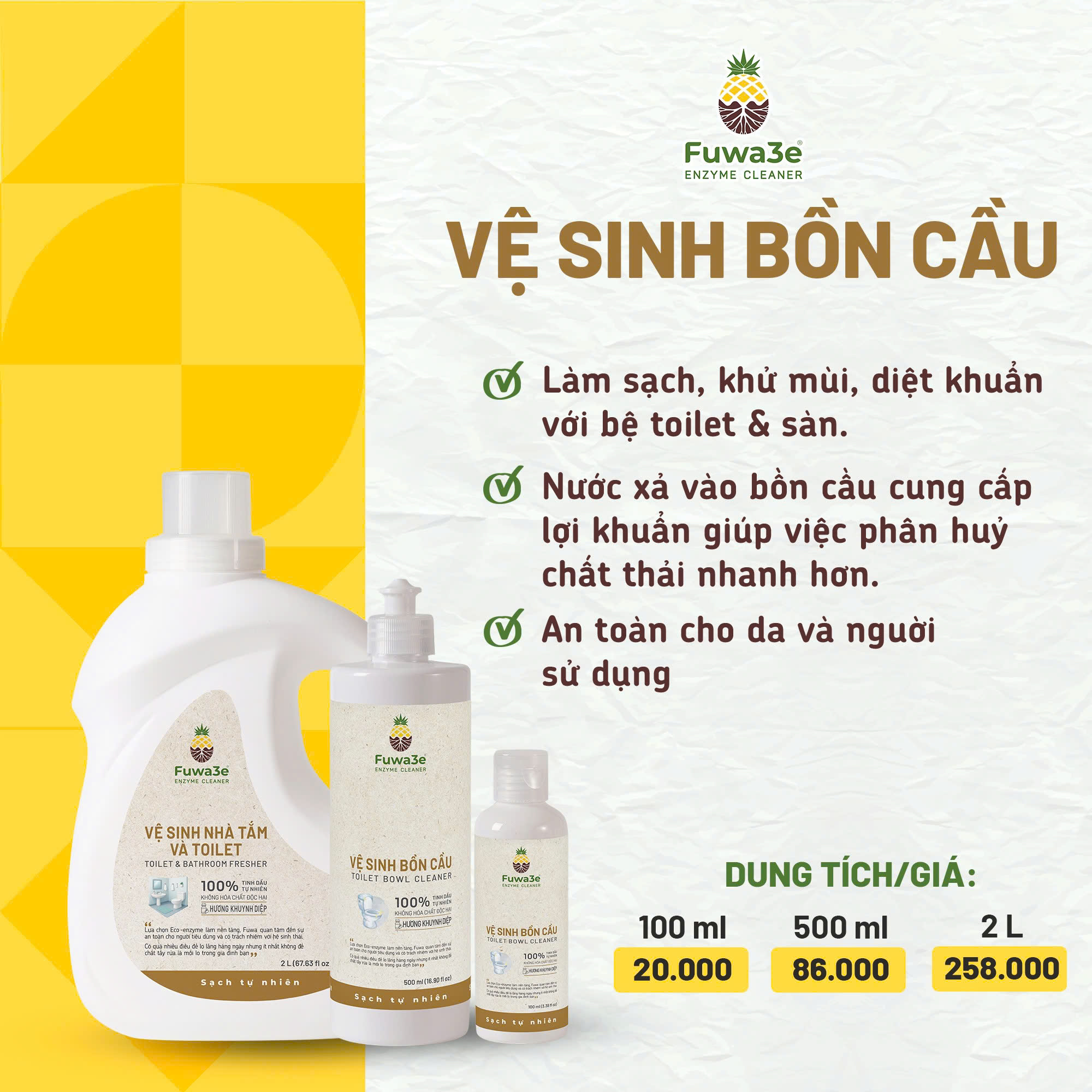 Fuwa3e - Vệ sinh bồn cầu Fuwa3e chiết xuất hoàn toàn tự nhiên từ enzyme dứa, khử mùi hôi, an toàn cho da tay, thân thiện với môi trường ( Toilet Cleaner Is Completely Natural)