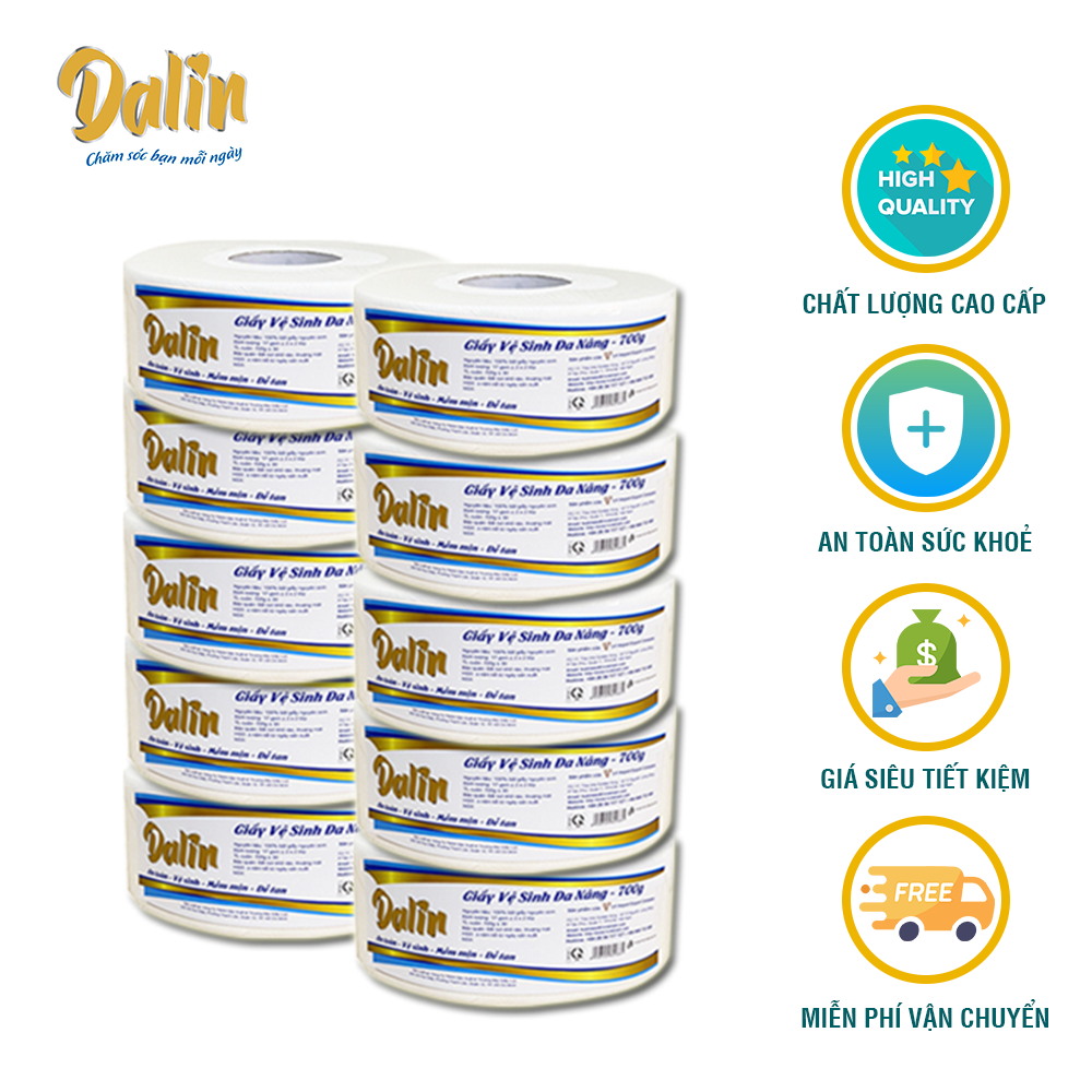 Giấy vệ sinh cao cấp 700g DALIN combo 10 cuộn, Giấy vệ sinh cuộn lớn DALIN dành cho nhà hàng, khách sạn, quán cà phê
