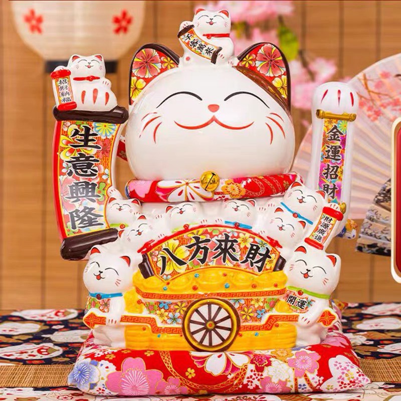 Mèo may mắn Nhật Bản Mèo Thần Tài , mèo may mắn bằng sứ cao cấp🌺 Kèm đệm đỏ và dây cắm - Phật Giáo Tường Thuận