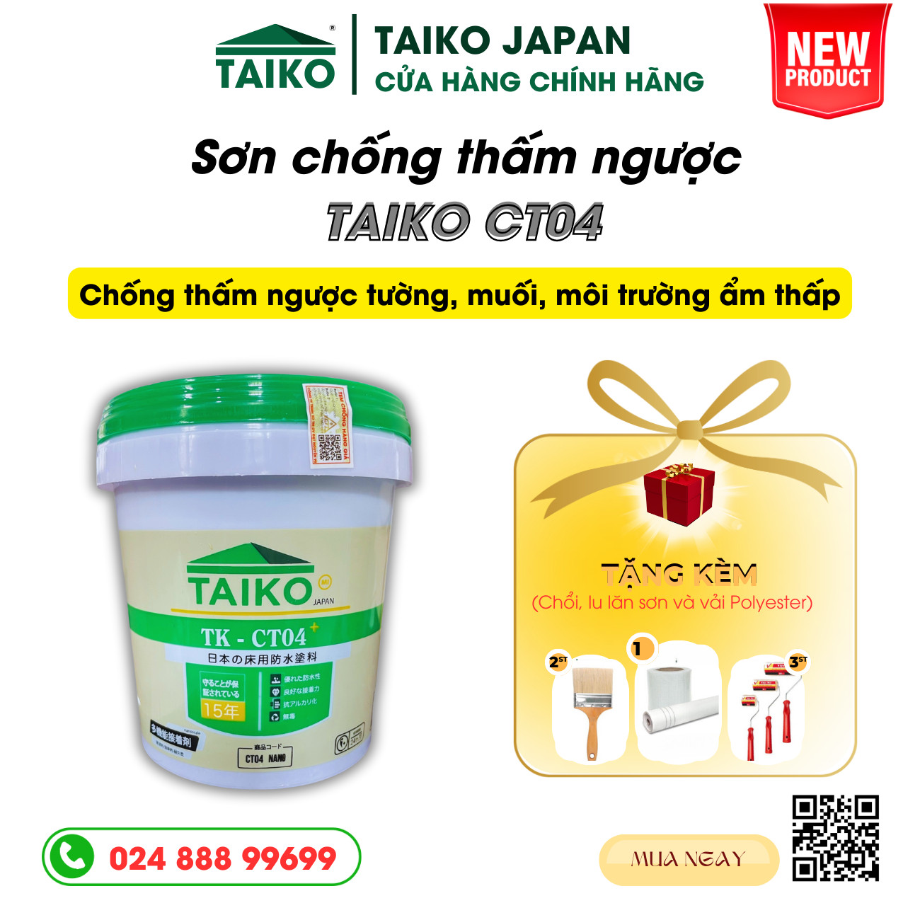 [Chống Thấm Ngược - Môi Trường Ẩm]Keo Sơn Chống Thấm Nhà Vệ Sinh, Bể Các, Bể Âm, Máng Sối TAIKO CT4 - Thùng 1 Kg - Tặng Kèm Vải Kết Cấu