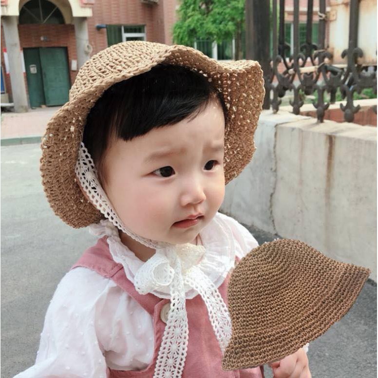 Mũ cói buộc dây ren Hàn Quốc cực xinh cho bé yêu