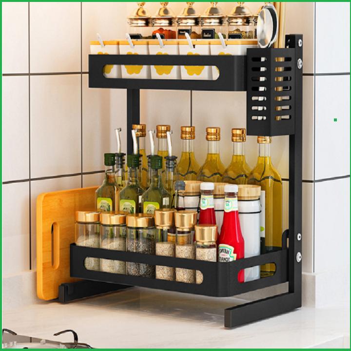 Kệ gia vị 2 tầng thép đen có chỗ để dao thớt - Kệ để gia vị cao cấp - Kệ để đồ nhà bếp đa năng Mezz613
