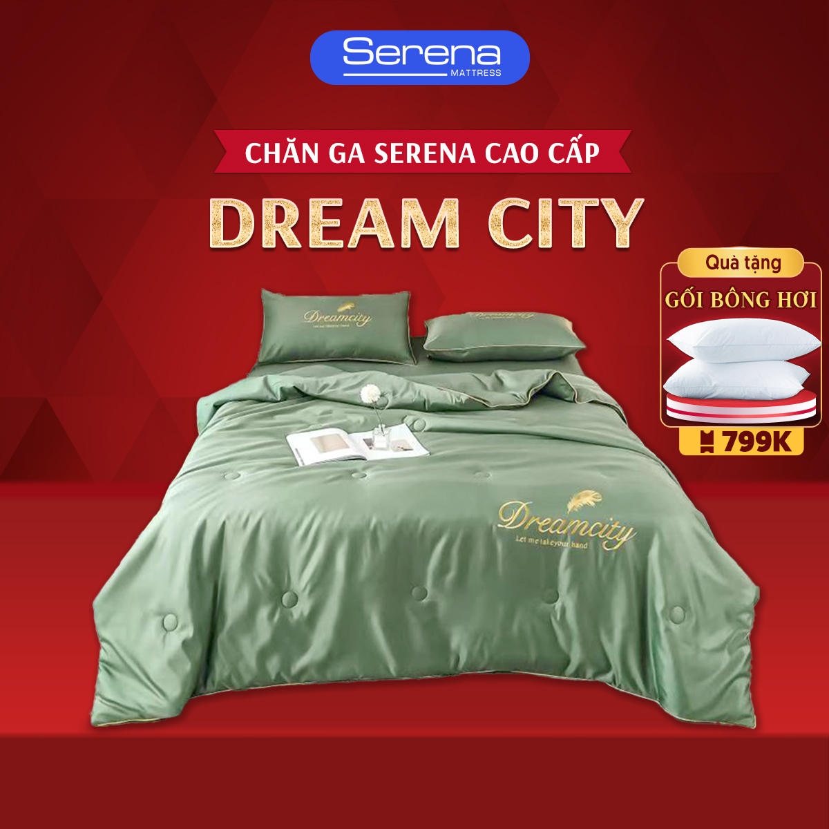 Ga trải giường mát lạnh 5 món lụa dream city SERENA chính hãng bộ chăn ga ra drap gối mền nệm niệm đệm đẹp 5 món phi lụa dream city trải phủ bọc giường hè mát lạnh sang trọng full combo - Serena Việt Nam
