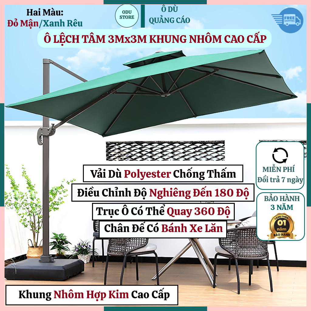 Ô dù lệch tâm mái vuông che ngoài trời 3mx3m khung hợp kim nhôm cao cấp nhập khẩu bảo hành 3 năm