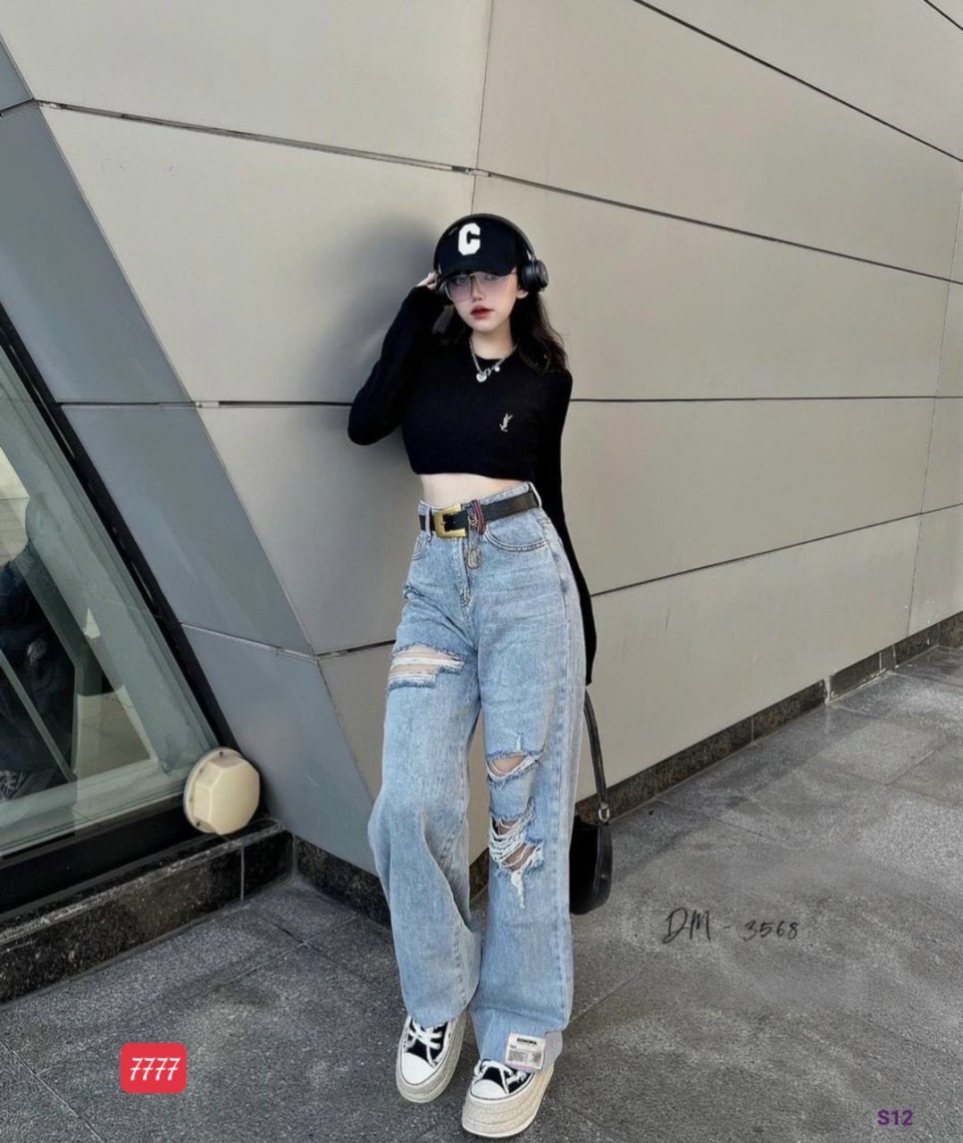 Quần jean nữ lai cắt cạp rách ống rộng loe lưng cao nâng mông xinhshop94_ms7777