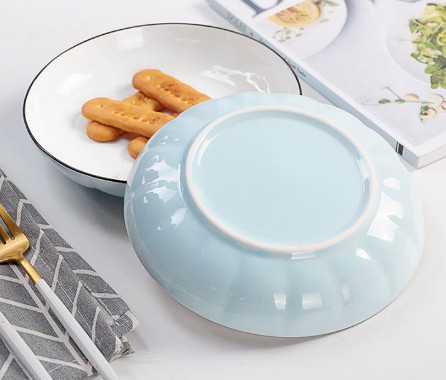 Combo 3 dĩa sứ cao cấp xanh biển - dĩa sứ màu xanh gợn sóng size 19cm