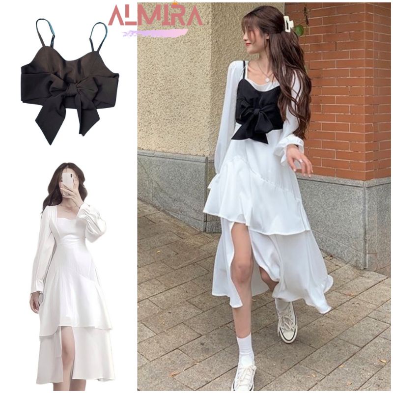 Sét Váy Trắng Kèm Áo Yếm Croptop, Đầm Bánh Bèo Tiểu Thư