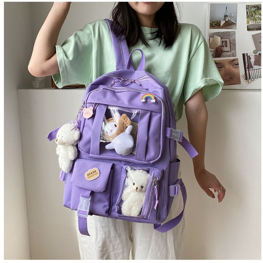 Balo nữ đi học , đi chơi 4 màu , tím ,be , xanh , đen - tặng kèm 1 em gấu bông nhỏ xinh