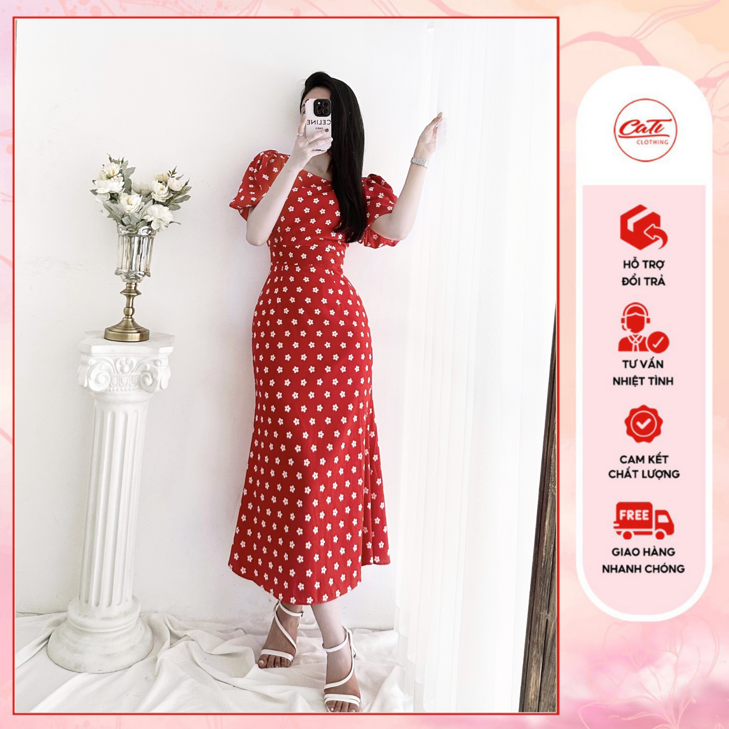 CATI Đầm lụa hoa nhí tay bồng đuôi cá