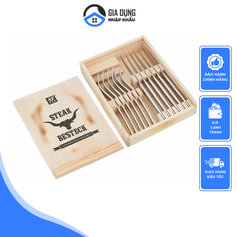 Set dao dĩa inox cao cấp zwilling steak 12 món, bộ dao nĩa ăn bò bít tết nhập đức, dành cho 6 người
