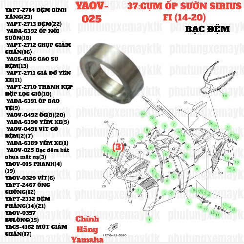 [Chính hãng Yamaha][37:CỤM ỐP SƯỜN] YAOV-025 Bạc đệm bắt nhựa mặt nạ Exciter 2006-2010, SIRIUS FI(14-20) (3)