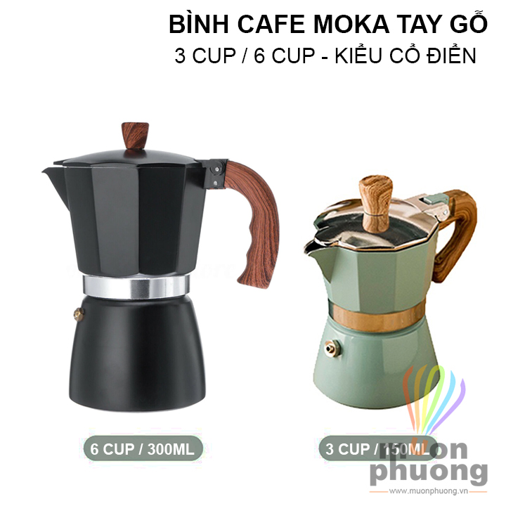 Bình pha cafe moka tay cầm gỗ kiểu dáng cổ điển châu Âu- MUÔN PHƯƠNG SHOP