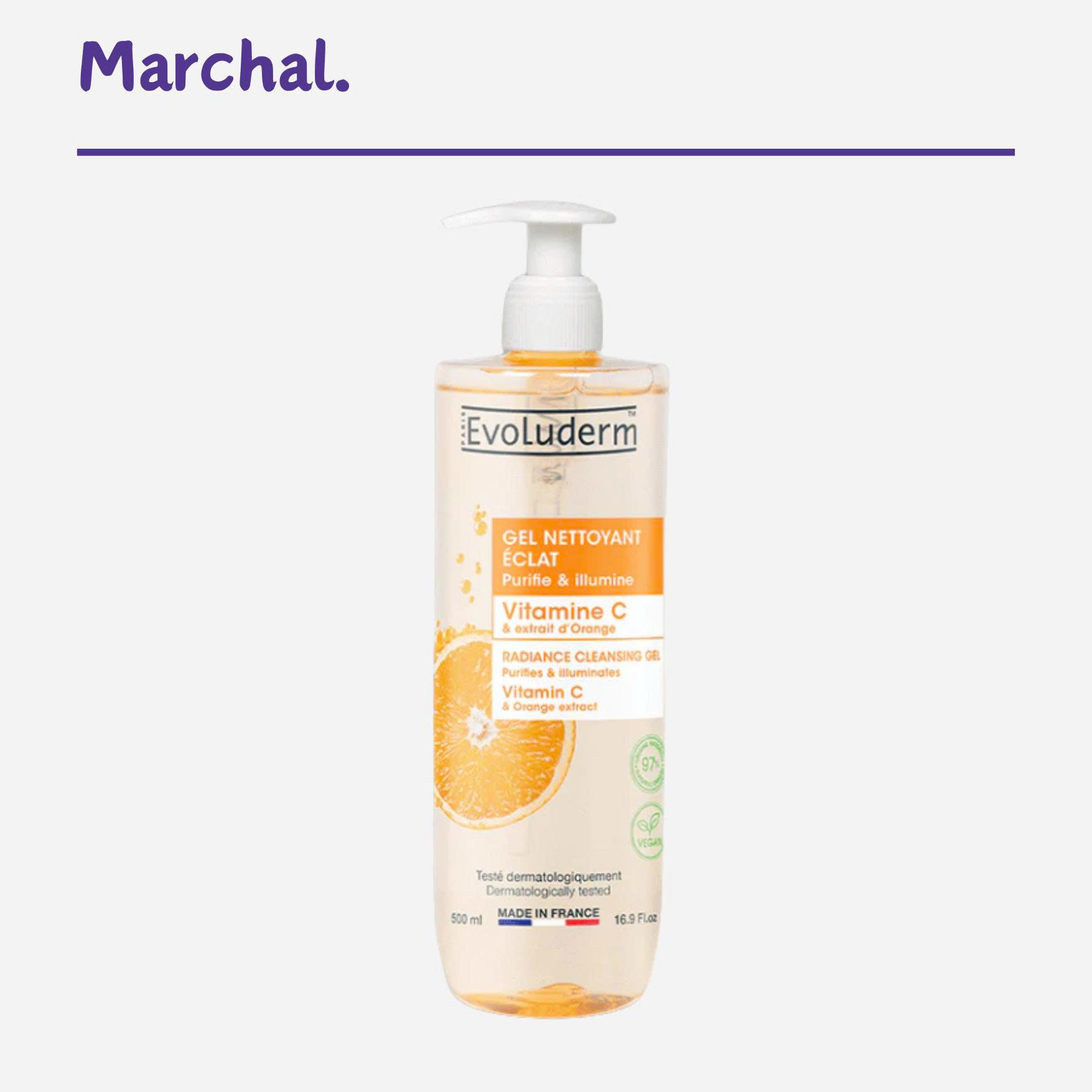 Gel Rửa Mặt Evoluderm Pháp 500ml Chiết Xuất Cam, Giàu Vitamin C Giúp Thanh Lọc, Làm Sạch Da & Dưỡng Ẩm Da