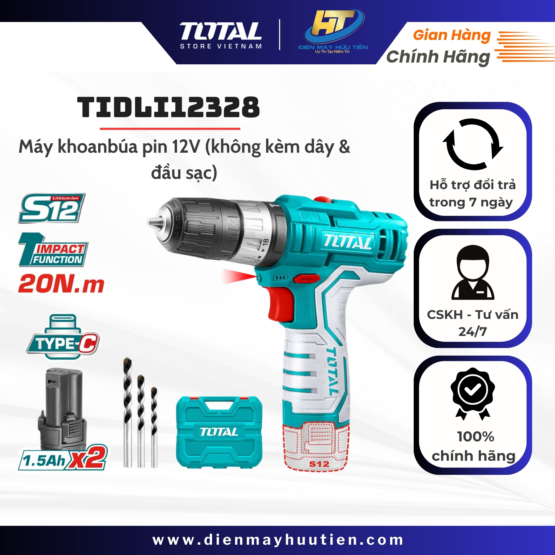 Máy khoan búa dùng pin lithium s12 total tidli12328