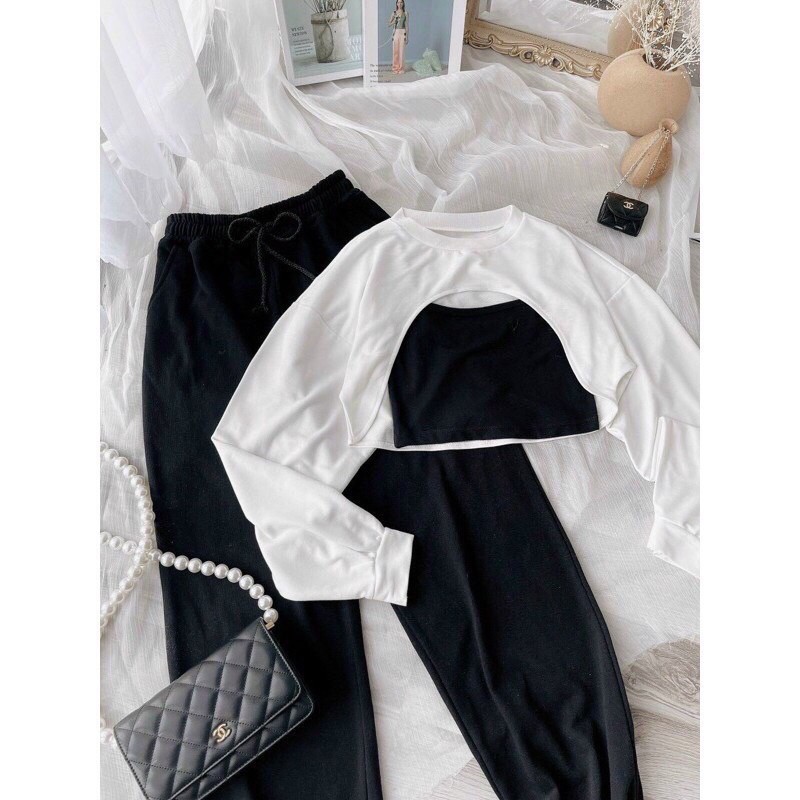 Sét quần áo- Bộ 3 món , áo 2 dây kèm áo croptop tay dài , quần bom chun , kèm ảnh thậtt tại shop Unisex Store